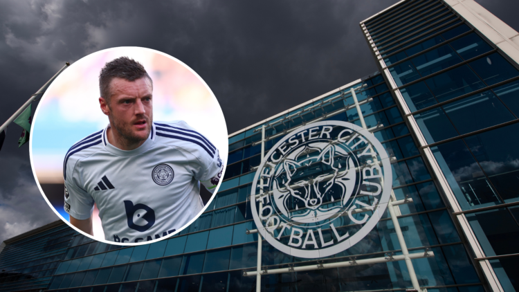 An image of the outside of the King Power Stadium (right) with Jamie Vardy (left, circled).