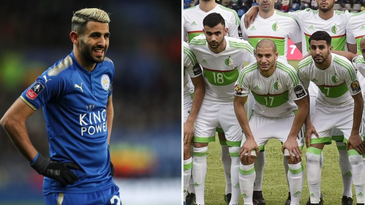 Riyad Mahrez (left) in action for Leicester City during an FA Cup tie. On the right is a picture of the Algeria team from 2017 before a match.