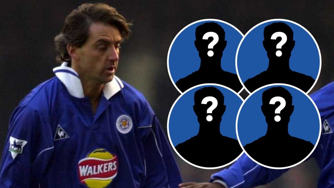 Roberto Mancini in action for Leicester City in 2001. Four insets of silhouetted figures acting as mystery players.
