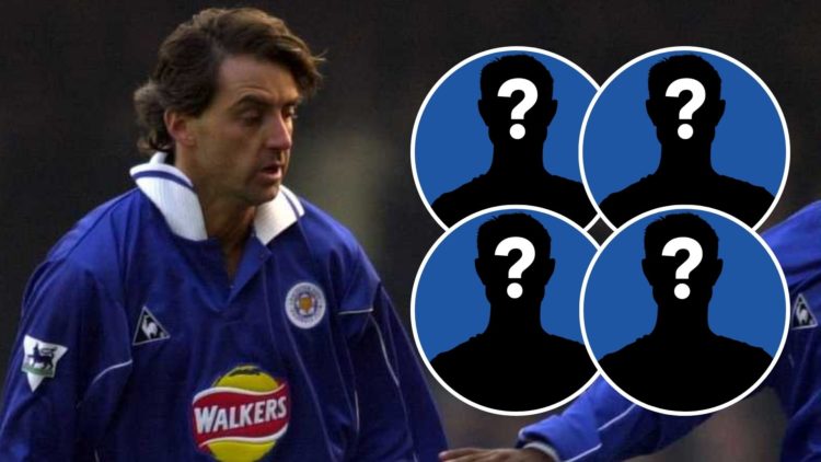 Roberto Mancini in action for Leicester City in 2001. Four insets of silhouetted figures acting as mystery players.