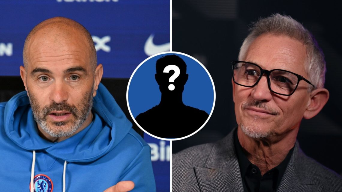 Chelsea manager Enzo Maresca (left) during a press conference. An insert of a mystery player and Gary Lineker (right) during the Premier League Hal...