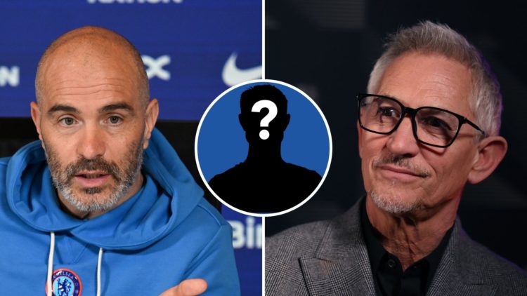 Chelsea manager Enzo Maresca (left) during a press conference. An insert of a mystery player and Gary Lineker (right) during the Premier League Hal...