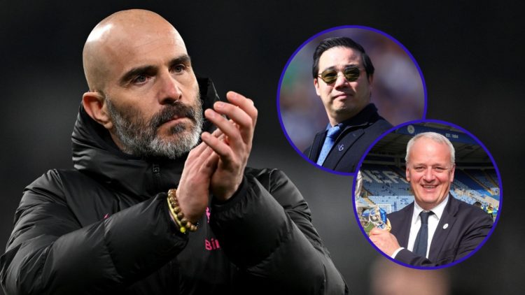 Enzo Maresca (left) celebrates a win as Chelsea boss. Insert one is an image of Leicester City chairman Aiyawatt Srivaddhanaprabha celebrating win ...