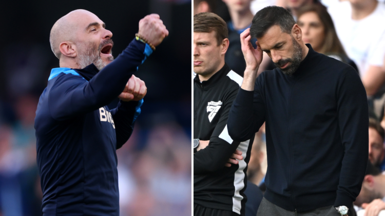 Chelsea manager Enzo Maresca (left) celebrates a win against Leicester City manager Ruud van Nistelrooy (right) who cuts a frustrated figure after ...