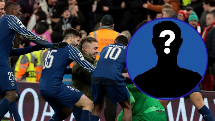 An image of the PSG players celebrating their penalty shootout win against Liverpool and an insert of a mystery player