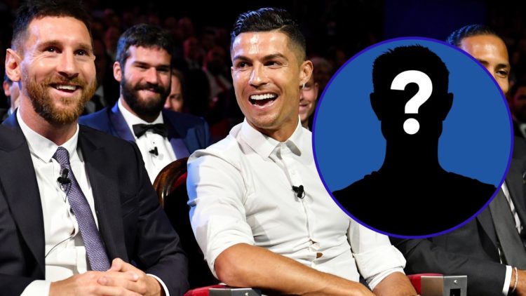 Lionel Messi and Cristiano Ronaldo laugh together during an awards ceremony. An inset of a silhouetted mystery figure