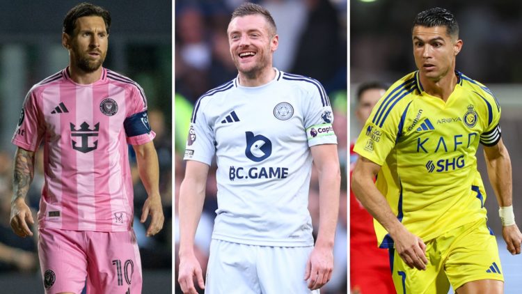 Lionel Messi (left) lines up for Inter Miami. Jamie Vardy (centre) laughs while playing for Leicester City. Cristiano Ronaldo (right) has his eye o...