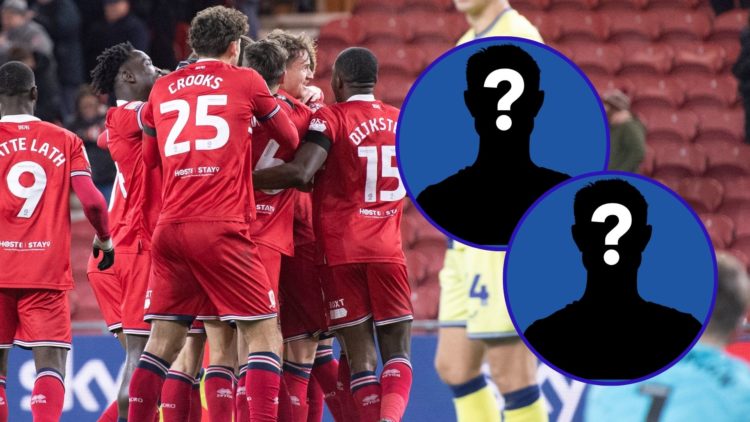 An image of Middlesbrough player Rav van den Berg celebrating a goal with his teammates and two mystery player inserts