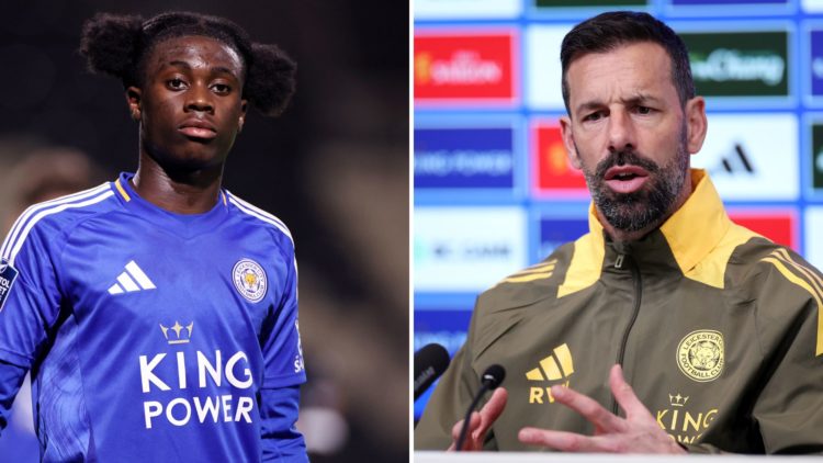 Jeremy Monga (left) playing for Leicester City U21s and Ruud van Nistelrooy (right), the current Leicester City manager during a press conference