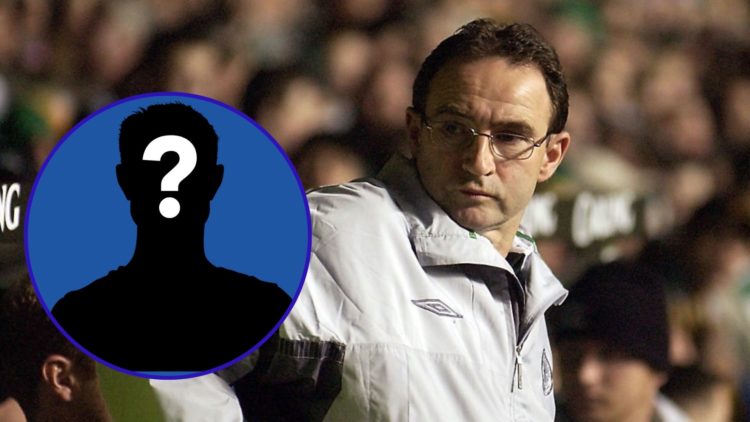 Inset of a mystery player and former Leicester City manager Martin O'Neill in the Celtic dugout during a game in 2002