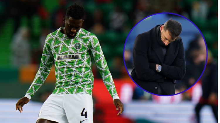 Nigeria midfielder Wilfred Ndidi warms up ahead of a match. An inset of Leicester City manager Ruud van Nistelrooy looking dejected on the touchline.