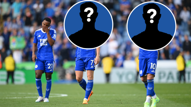 Leicester City's Ricardo Pereira looks dejected after relegation in 2023 alongside two players with faces obscured by silhouetted insets