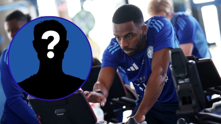 Ricardo Pereira of Leicester City during the Leicester City Training Session. An inset of a silhouetted mystery figure.