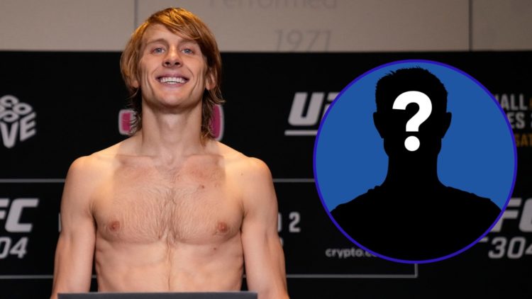 UFC star Paddy Pimblett weighs in ahead of a fight. One insert of a silhouetted mystery figure
