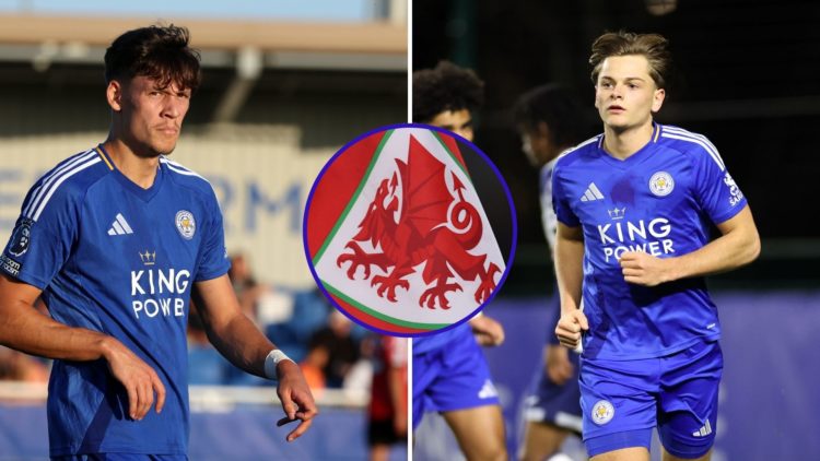 Chris Popov (left) looks on during a Leicester City U21s fixture. In the centre is an inset of the Wales national football team flag and Logan Brig...