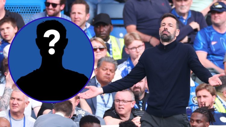 Leicester City manager Ruud van Nistelrooy is frustrated by a decision during the Chelsea game. An inset of a mystery figure.