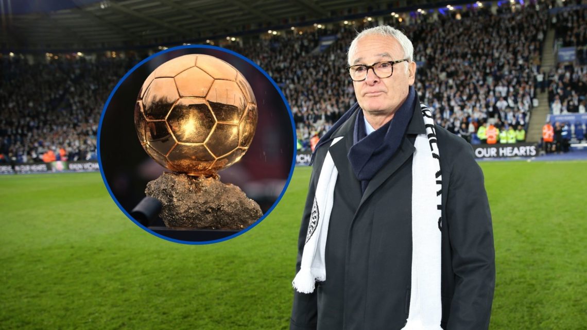 An image of Claudio Ranieri (right) and an inset of a Ballon d'Or (circled).