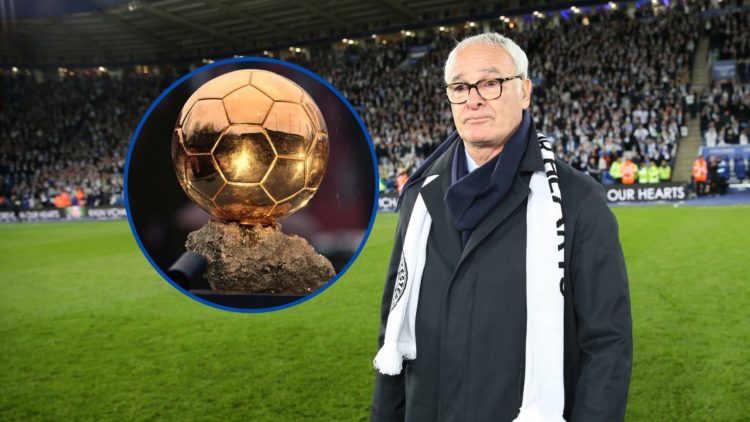 An image of Claudio Ranieri (right) and an inset of a Ballon d'Or (circled).