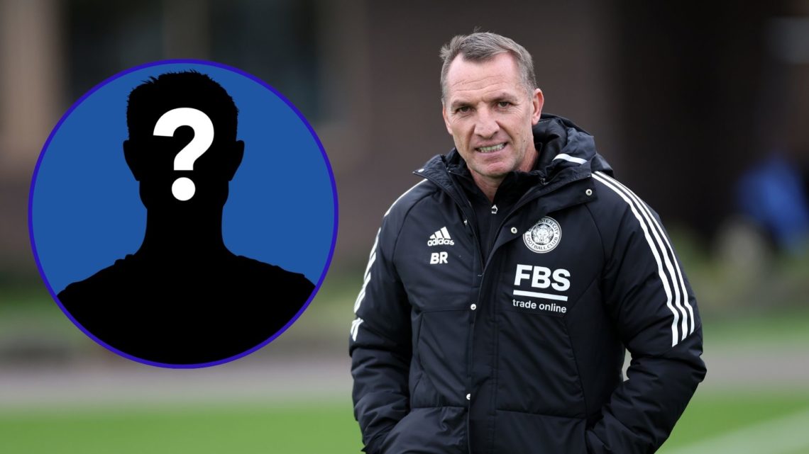 An image of Brendan Rodgers taking a training session as Leicester manager in 2023. An inset of a silhouetted figure depicting a mystery player.