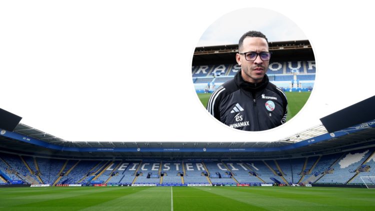 An image of the King Power Stadium with an inset of Liam Rosenior (circled).