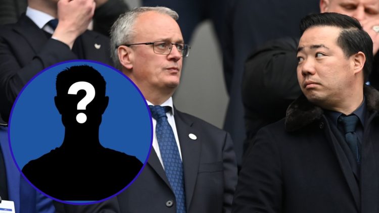 An insert of a mystery player and an image of Leicester City director of football Jon Rudkin in conversation with Leicester City chairman Aiyawatt ...