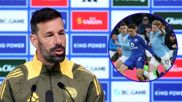 Leicester City manager Ruud van Nistelrooy answers questions during a press conference. Inset of Bilal El Khannouss challenging for the ball with K...