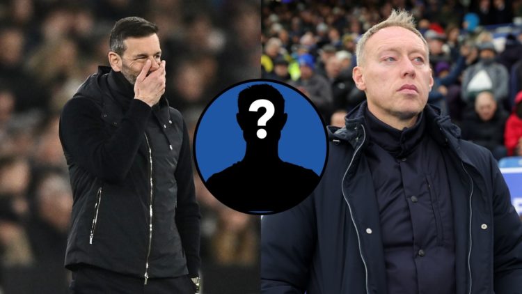 A split image of Ruud van Nistelrooy and Steve Cooper with a mystery player inset (circled).