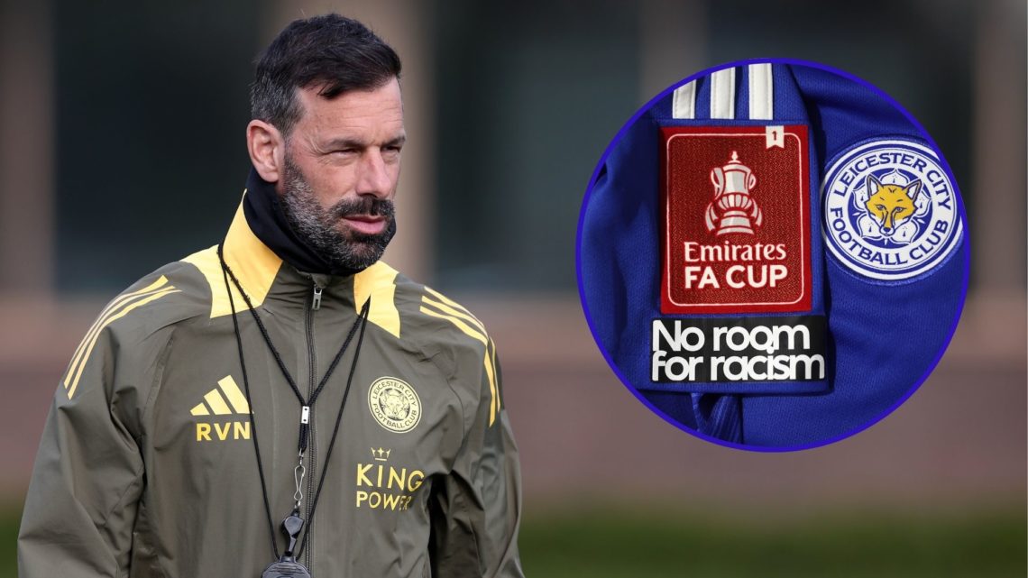 Ruud van Nistelrooy oversees a Leicester City training session. An inset of a Leicester City shirt made for an FA Cup fixture.