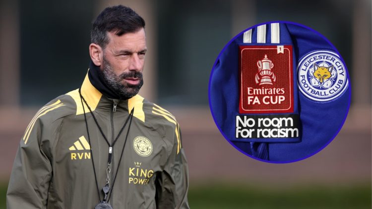 Ruud van Nistelrooy oversees a Leicester City training session. An inset of a Leicester City shirt made for an FA Cup fixture.