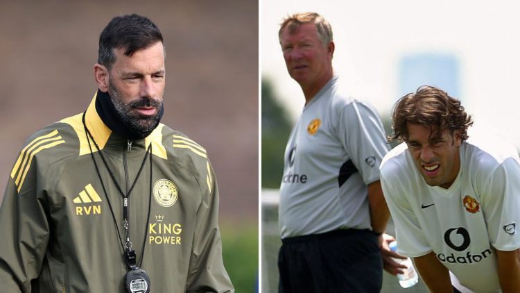 Ruud van Nistelrooy (left) oversees a Leicester City training session. Sir Alex Ferguson (right) watches on as Ruud van Nistelrooy looks tired duri...