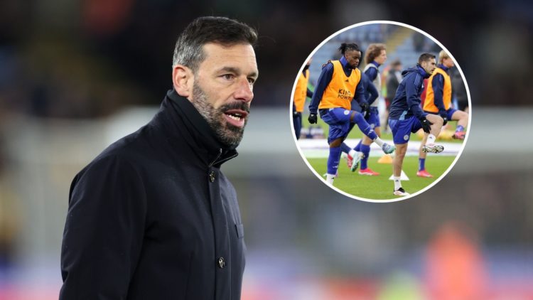 An image of Ruud van Nistelrooy with an inset of Leicester duo Stephy Mavididi and Harry Winks (circled).
