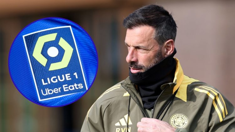 Ruud van Nistelrooy oversees a Leicester City training session. An inset of a Ligue 1 football shirt with the official badge of the league.