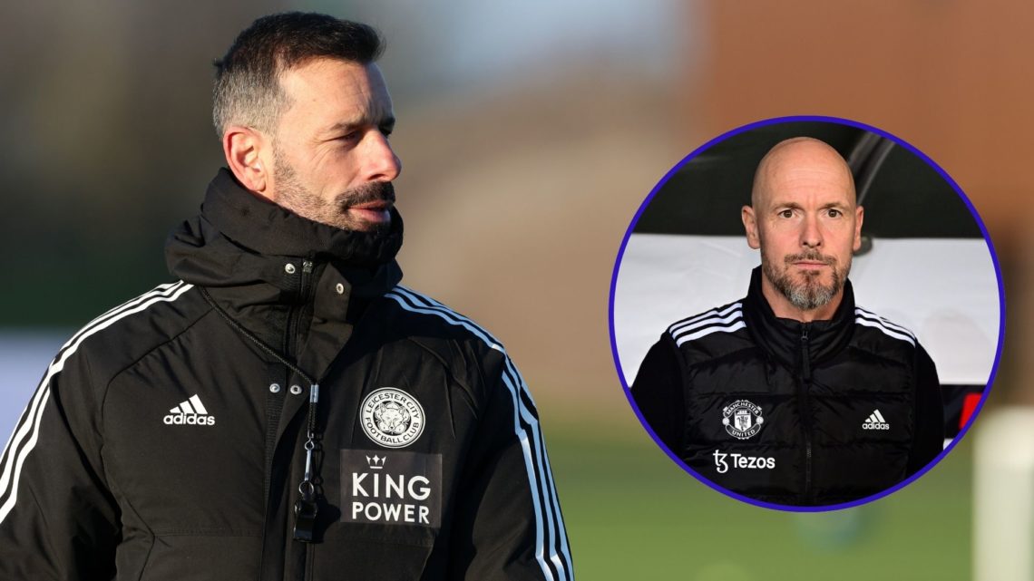 Leicester City manager Ruud van Nistelrooy takes a training session. Inset of former Manchester United manager Erik ten Hag