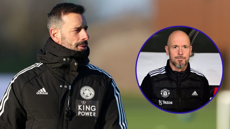 Leicester City manager Ruud van Nistelrooy takes a training session. Inset of former Manchester United manager Erik ten Hag