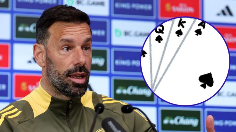 Leicester City manager Ruud van Nistelrooy answers a question at a press conference. An inset of a pack of playing cards.