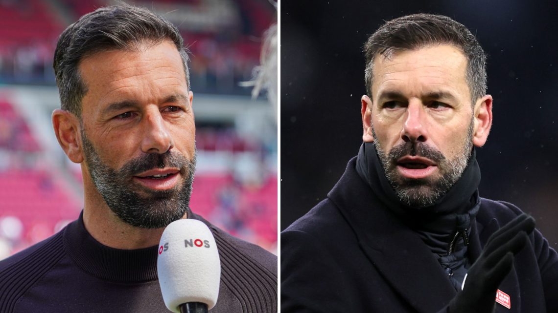 Ruud van Nistelrooy (left) speaks to the press after a PSV game in 2023. Van Nistelrooy is also on the right during Tottenham vs Leicester in Janua...