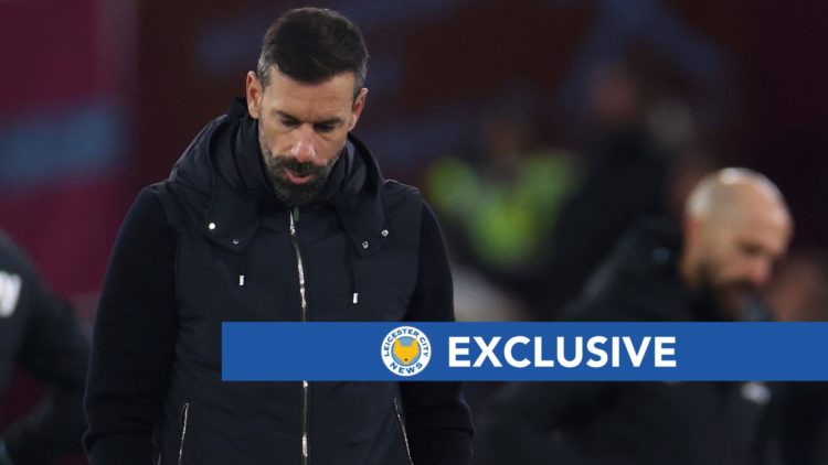 Leicester City manager Ruud van Nistelrooy looks deflected after his side have lost against West Ham United.