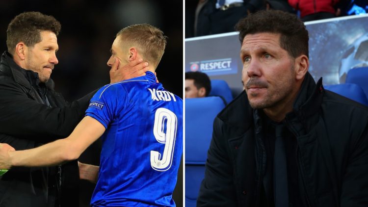 Atletico Madrid manager Diego Simeone consoles Leicester City striker Jamie Vardy (left). Diego Simeone (right) watches on at the King Power Stadium