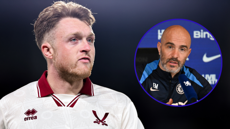 Harry Souttar (left) playing for Sheffield United while on Leicester City and Enzo Maresca (insert) during a press conference as Chelsea manager