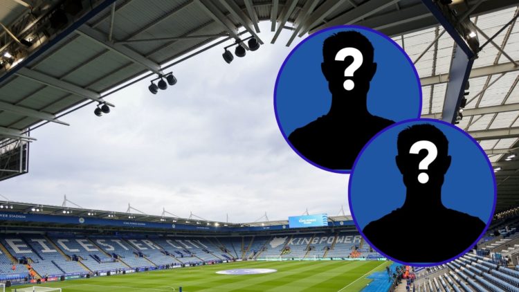 The King Power Stadium before a Leicester City match. Two insets of mystery figures with silhouetted figures.