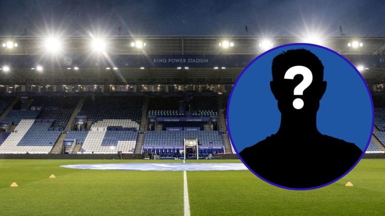 An image of the King Power Stadium at night in Leicester. An inset of a silhouetted mystery figure