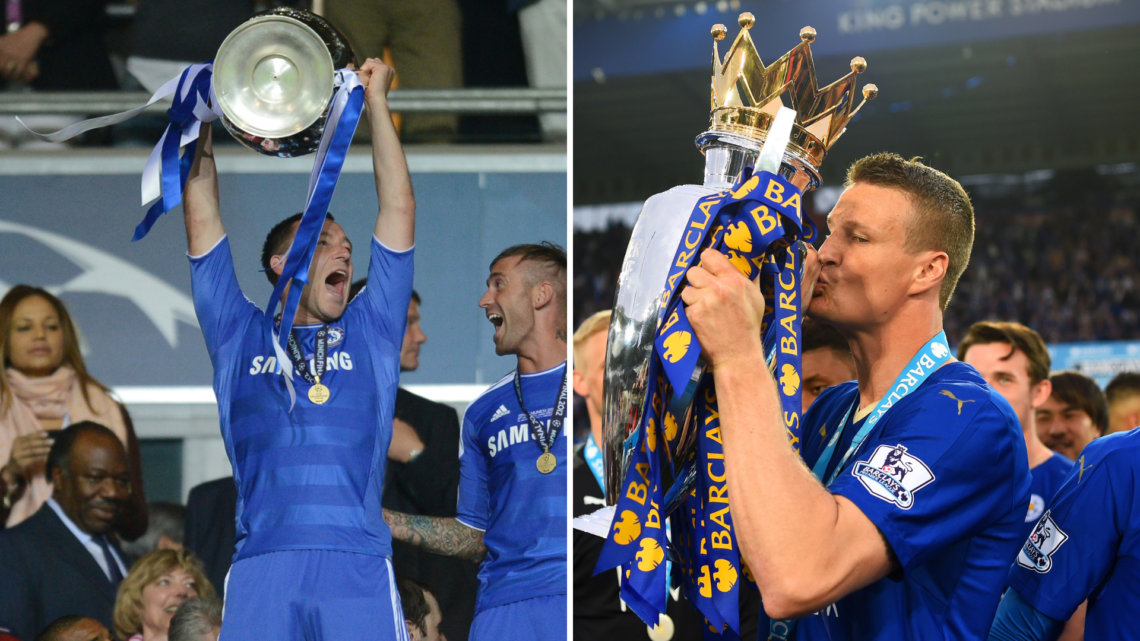 John Terry (left) celebrates winning the Champions League with Chelsea. Robert Huth (right) celebrates winning the Premier League with Leicester City.