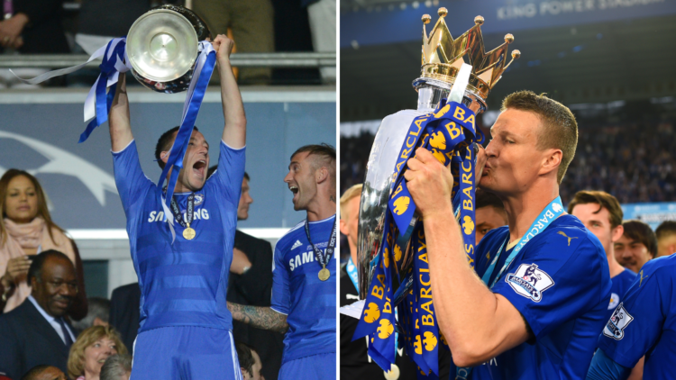 John Terry (left) celebrates winning the Champions League with Chelsea. Robert Huth (right) celebrates winning the Premier League with Leicester City.