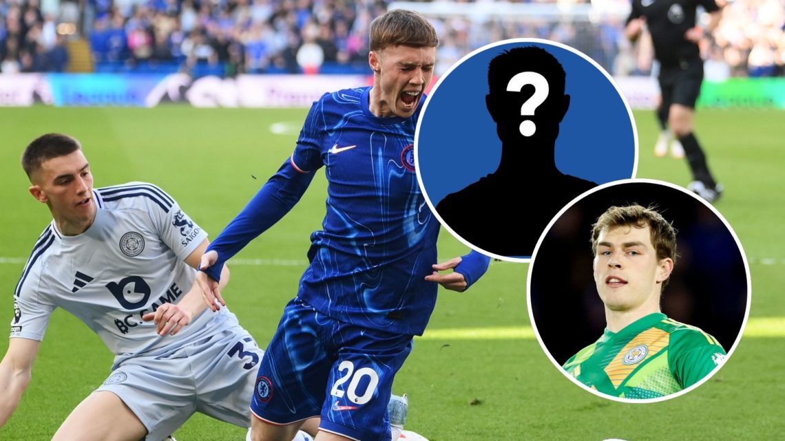 Luke Thomas (left) of Leicester City tackles Chelsea player Cole Palmer. Insert one is of a mystery figure and insert two is Leicester City goalkee...