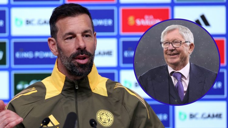 Leicester City manager Ruud van Nistelrooy speaks during a press conference and former Manchester United manager Sir Alex Fegurson (inset) smiles t...