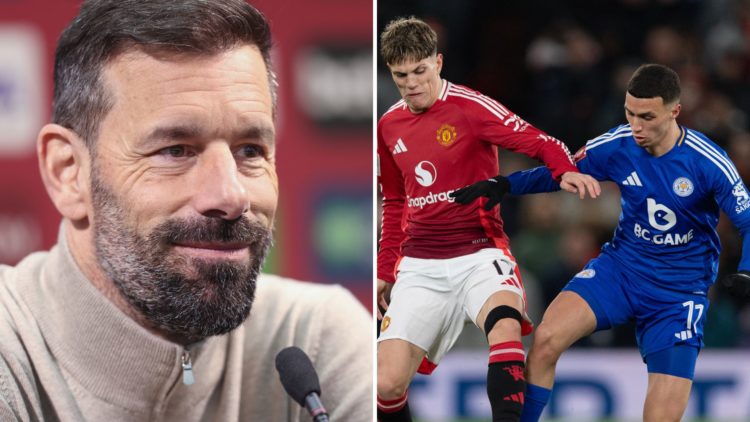 Leicester City manager Ruud van Nistelrooy (left) during a press conference and Manchester United's Alejandro Garnacho and Leicester City's Bilal E...