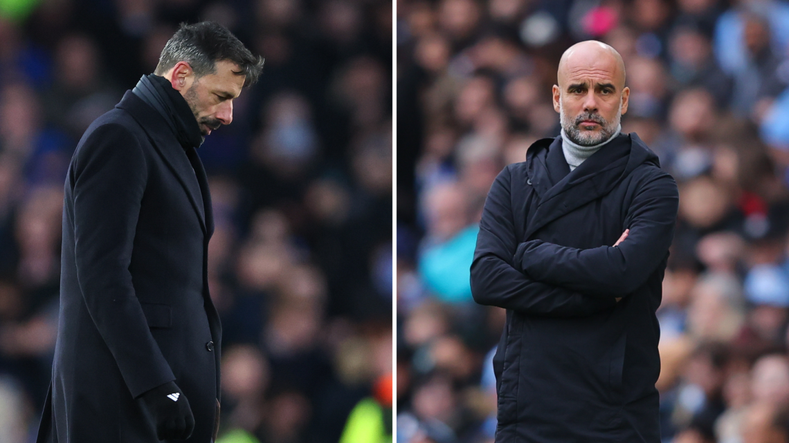 Ruud van Nistelrooy (left) looks deflected after a Leicester City game. Pep Guardiola (right) watches on with purpose during a Manchester City game.