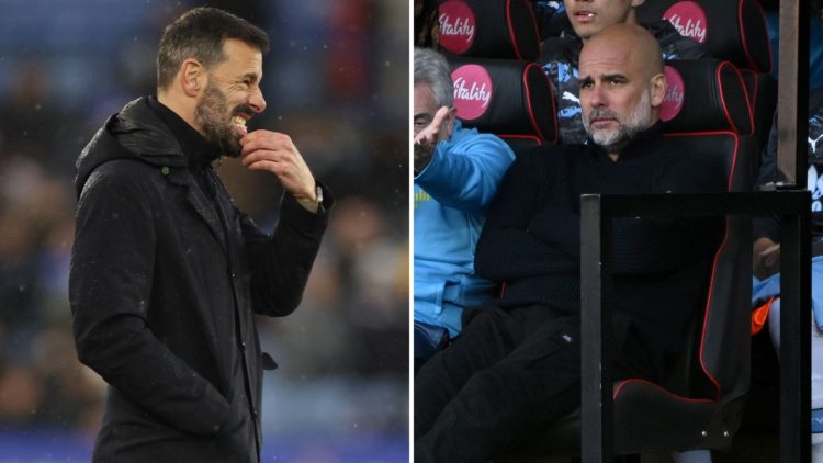 Ruud van Nistelrooy (left) looks on nervously during a Leicester City game. Pep Guardiola (right) watches his Manchester City side with a frustrati...