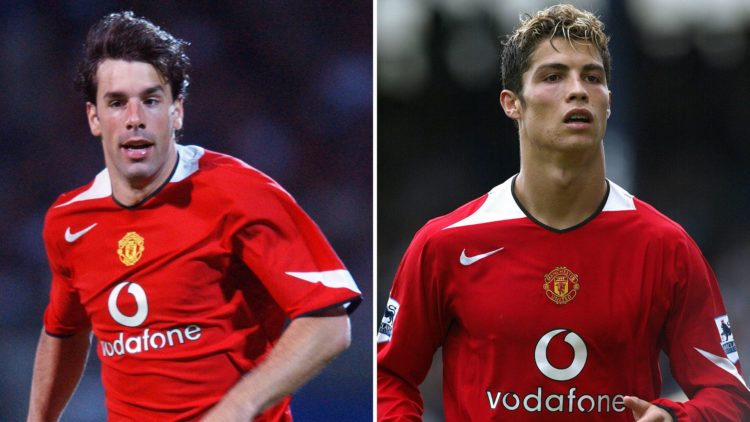 Ruud van Nistelrooy (left) asks for the ball during a Manchester United game and Cristiano Ronaldo (right) looks on while playing for Manchester Un...