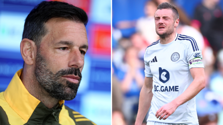 Leicester City manager Ruud van Nistelrooy (left) takes questions during a press conference and Jamie Vardy (right) looks dejected after missing a ...